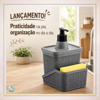 Porta Detergente Dispenser e Esponja Bucha com Bico Dosador Organizador Pia Moderno Compac