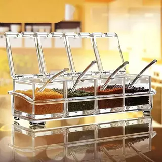 Porta Temperos e Condimentos Acrílico 4 Potes com Colheres e Bandeja | Organizador de Cozi