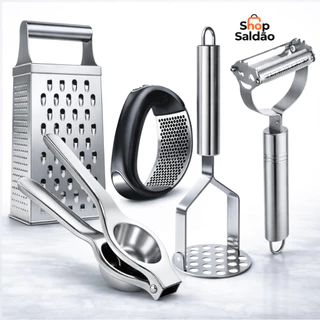 Kit Utensílios Inox 3 ou 5 Peças – Amassador, Espremedor, Descascador e Mais (Escolha a Va