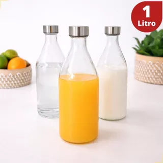 Garrafa de Vidro 1 Litro Tampa Inox Para Água Suco Leite Geladeira Jarra Fechamento Hermét