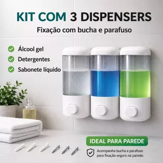 Kit c/ 3 Dispenser Sabonete Líquido Parede 580ml Porta Álcool Gel Shampoo Detergente Banhe