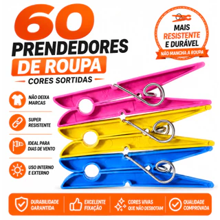 Pregador de Roupas Plástico Reforçado – Kit 12/24/36/48/60 unidades - Cores Sortidas