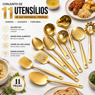 Kit 11/4 Peças Utensílios de Cozinha Dourado aço inoxidável Espátula Colher Concha Escumad