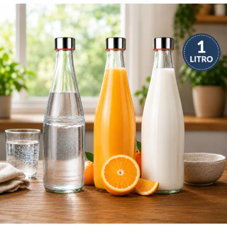 Garrafa de Vidro 1Litro Tampa Inox Para Água Suco Leite Geladeira Jarra Fechamento Herméti