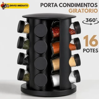 Porta Tempero Giratório 16 Potes de Vidro Preto 360 Graus com Tampa Dosadora Organização C