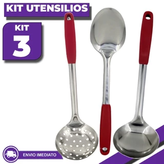 Kit Utensílios de Cozinha Inox 3 Peças Colher de Arroz Concha Escumadeira Resistente Duráv