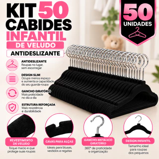Cabide de Veludo Slim Antideslizante Preto Infantil Kit 10 20 30 40 ou 50 Unidades Gancho