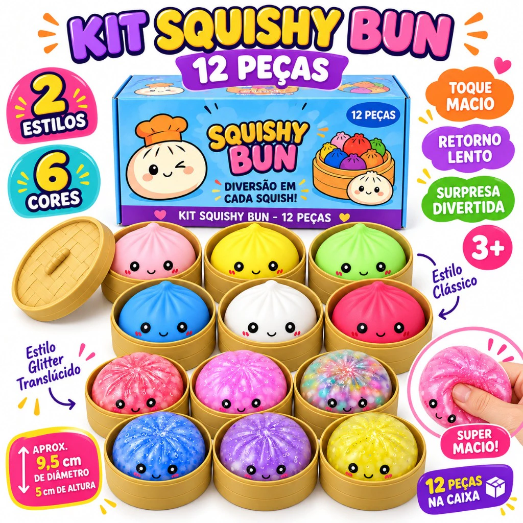 Squishy Bun sensorial macio — cores e modelos variados