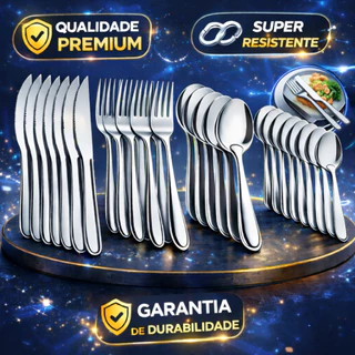 Jogo de Talheres 24/48 Peças Faqueiro Aço Inox Faca Garfo Colher de Mesa e Colheres de Sob