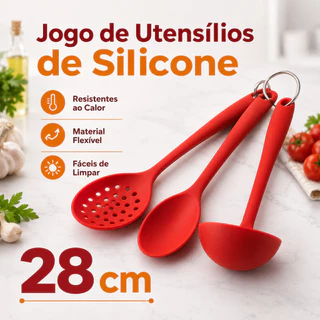 Kit 3 Utensilios De Silicone Resistente Colher Concha Escumadeira Cozinha Resistentes ao C