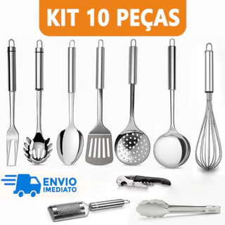 Kit 10 Utensílio para Cozinha Aço Inox Escumadeira Concha Colher Arroz Garfo Espátula Fue