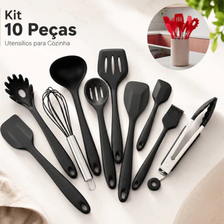 Kit 10 Peças Conjunto Utensílios Cozinha Silicone Inox Jogo Colheres Pegador Concha Espátu