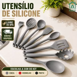 Kit 7 Utensílios para Cozinha de Silicone Colher Espátula Concha Jogo de Talhares Antiader
