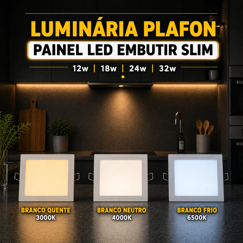 Painel Plafon LED Embutir Slim 12W 18W 24W 32W Quadrado Luz Quente Neutra Fria Econômico Bivolt Casa