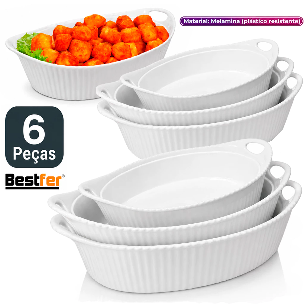 Conjunto Jogo de Assadeiras até 6 peças Travessas Oval em Melanina Bestfer PMG Branca opaline