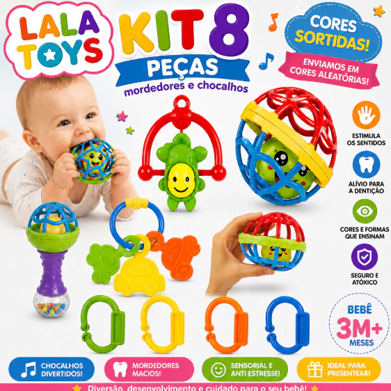 Kit 8 peças Mordedor para Bebê Sensorial Macio com Chocalho