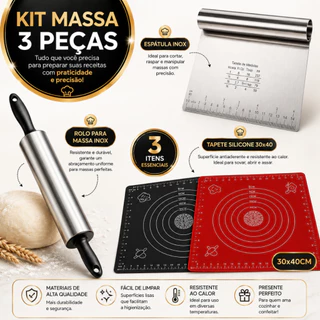 KIT MASSA , PAO, CONFEITARIA, BOLO, Rolo Inox profissional , Espátula inox, Tapete siicone