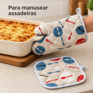 Conjunto Luva Térmica + Apanha Panela Estampado, Proteção Contra Queimaduras para Assar e