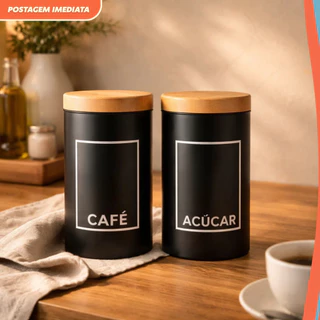 Potes Herméticos Café e Açúcar Preto com Tampa Efeito Bambu Porta Mantimentos Cozinha Prem