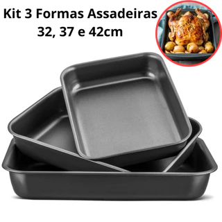 3 Formas Assadeiras 32 37 e 42cm Retangular Antiaderente Grande Aço Carbono Bolo Lasanha A