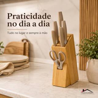 Cepo Suporte Organizador de Faca Tesoura Utensílios de Cozinha Faqueiro de Bancada Bambu A