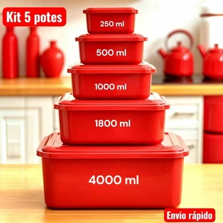 kit Retangular com 5 potes de plástico com vasilhas,bacia Empilhável,tapoer,freezer,bpa l