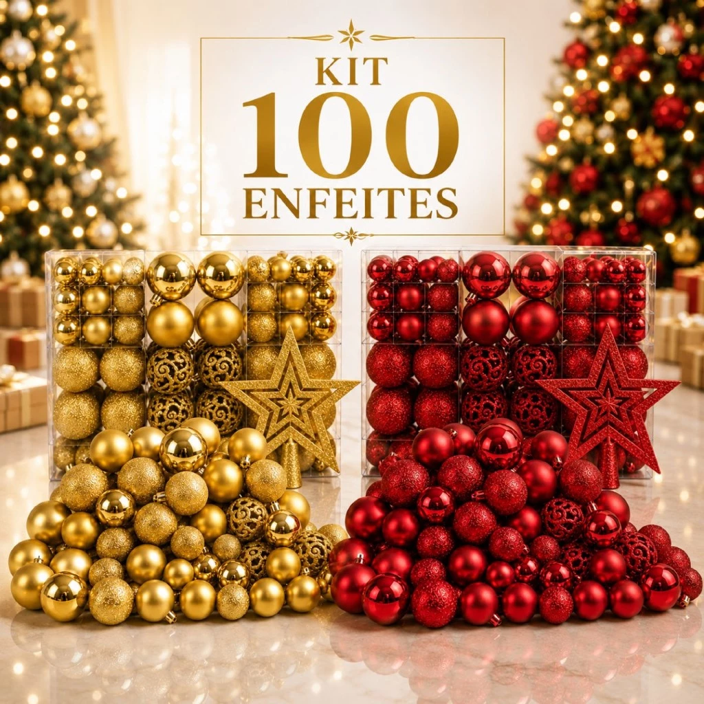 Kit 100 Bolas +1 Estrela Pendentes Árvore Natal Decoração Enfeites Bolinhas Premium Lisas/Glitter/Fosca Vermelho/Dourado