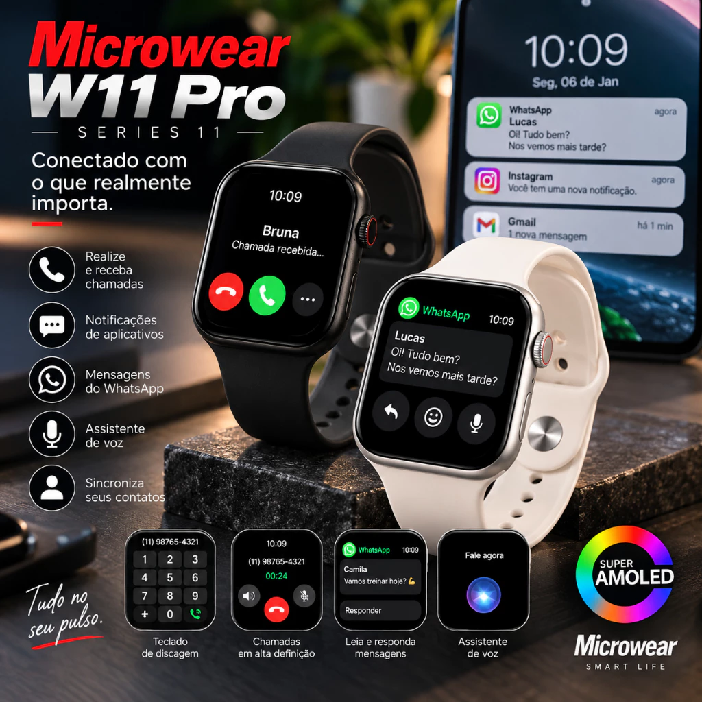 Smartwatch Microwear W11 Pro AMOLED 2.07” ChatGPT Ligações 1GB IP68