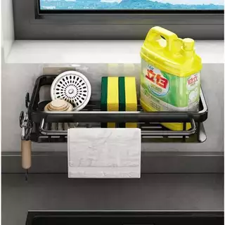KIT Suporte Organizador De Cozinha com Gancho Prateleira Sem Furo Escorredor Porta Deterge