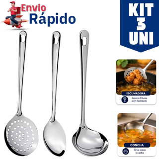 Kit Cozinha 3 ou 1 Peça Aço Inox Completo Escumadeira Concha Colher de Servir Brilhante Re
