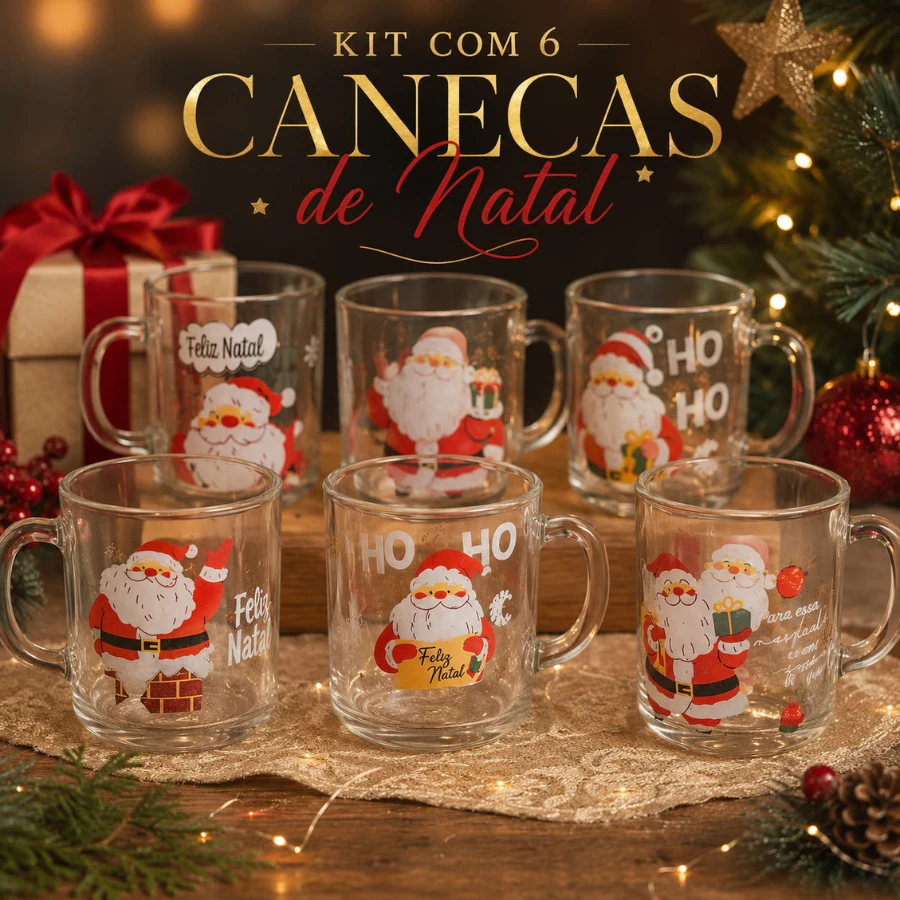 Kit 6 Canecas de Vidro Natalinas 250ml Estampadas Feliz Natal Presente de Natal Decoração Papai Noel