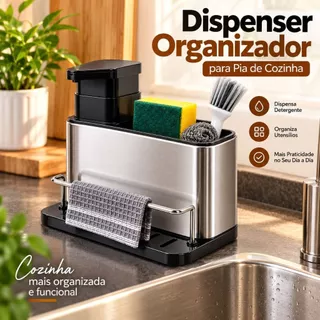 Organizador de Pia 3 em 1 Aço Inox com Dispenser de Detergente Porta Esponja Suporte para