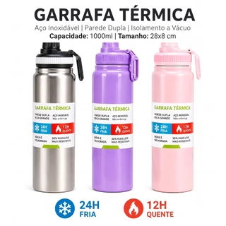 Garrafa térmica de aço inoxidável de 1000 ml, com tampa prateada, coador de chá, função pa