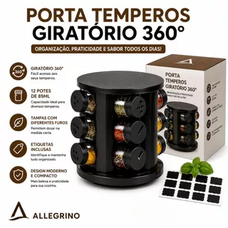 Porta Condimentos Giratório Para Temperos 12 Potes Vidro Organizador Tampa De Plástico Dos