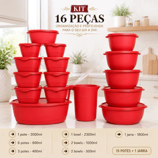 Kit Jogo de Cozinha 16 Peças Potes Herméticos Com Jarra Plástico Resistente Livre BPA Orga
