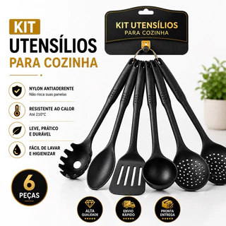 Kit Utensílios de Cozinha 6 Peças Nylon Antiaderente Espátula Concha Colheres Escumadeira