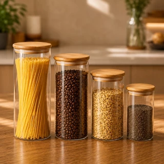 Kit 4 Potes de Vidro Hermético Redondo com Tampa de Bambu Porta Mantimentos Organização de