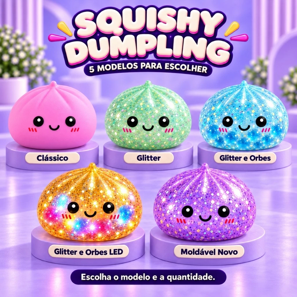 Brinquedo Squishy Dumpling Bolinho Fidget Sensorial Antiestresse - Modelos Clássico, Glitter, Bolinhas e Led, de Gel