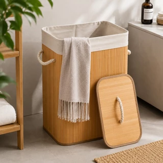 Cesto de Roupa suja Bambu 60 LITROS Dobrável Organizador com Revestimento Interno alta cap