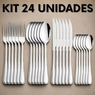 Jogo de Talheres 24 Peças Faqueiro Aço Inox Faca Garfo Colher de Mesa e Colheres de Sobrem