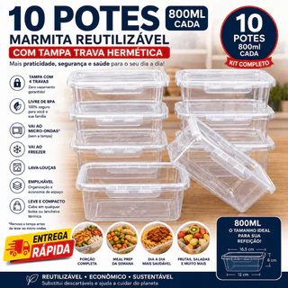 Kit 5, 7 e 10 Marmita 800ml Pote Hermético Tampa 2 Travas BPA Free Fitness Freezer Microon