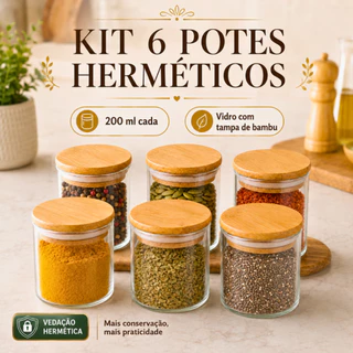 Conjunto de 6 Potes Ideal Para Temperos e Alimentos Pote de Vidro com Tampa de Bambu Hermé