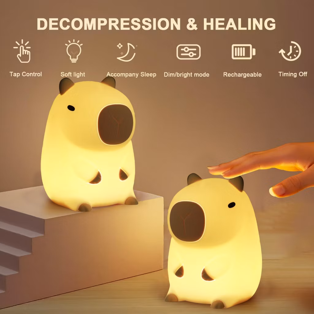 Luminária De Silicone Noturna Sensor De Toque  Fofa Recarregável De USB  Luminária Capivara Silicone
