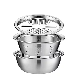 Kit 3 Em 1 Ralador 4 Laminas, Escorredor para Macarrão, Tigela 24cm / 26cm Inox Aço Inoxid