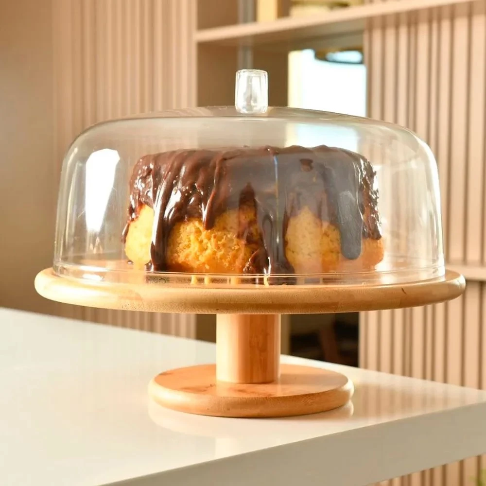 Boleira com Cúpula Pé Alta Tampa 27,5 cm Bambu Decoração Mesa Posta Porta Bolo Sense Ou