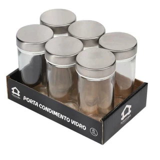 Kit Porta Temperos com 6 Potes Vidro Tampa Inox 80 ML