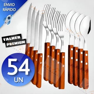 Jogo de Talheres Cabo Madeira 54/36/18 peças Aço Inox Facas Garfos e Colheres de Mesa Casa