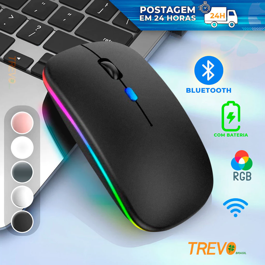 Mouse Sem Fio Wireless Recarregavel Led Rgb 2,4GHz Bluetooth Bateria Interna Ergonômico Silencioso