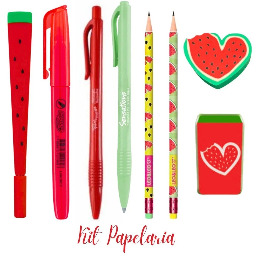 Kit Papelaria Fofa Melancia Kawaii Lapis Borracha Apontador Caneta Fofas