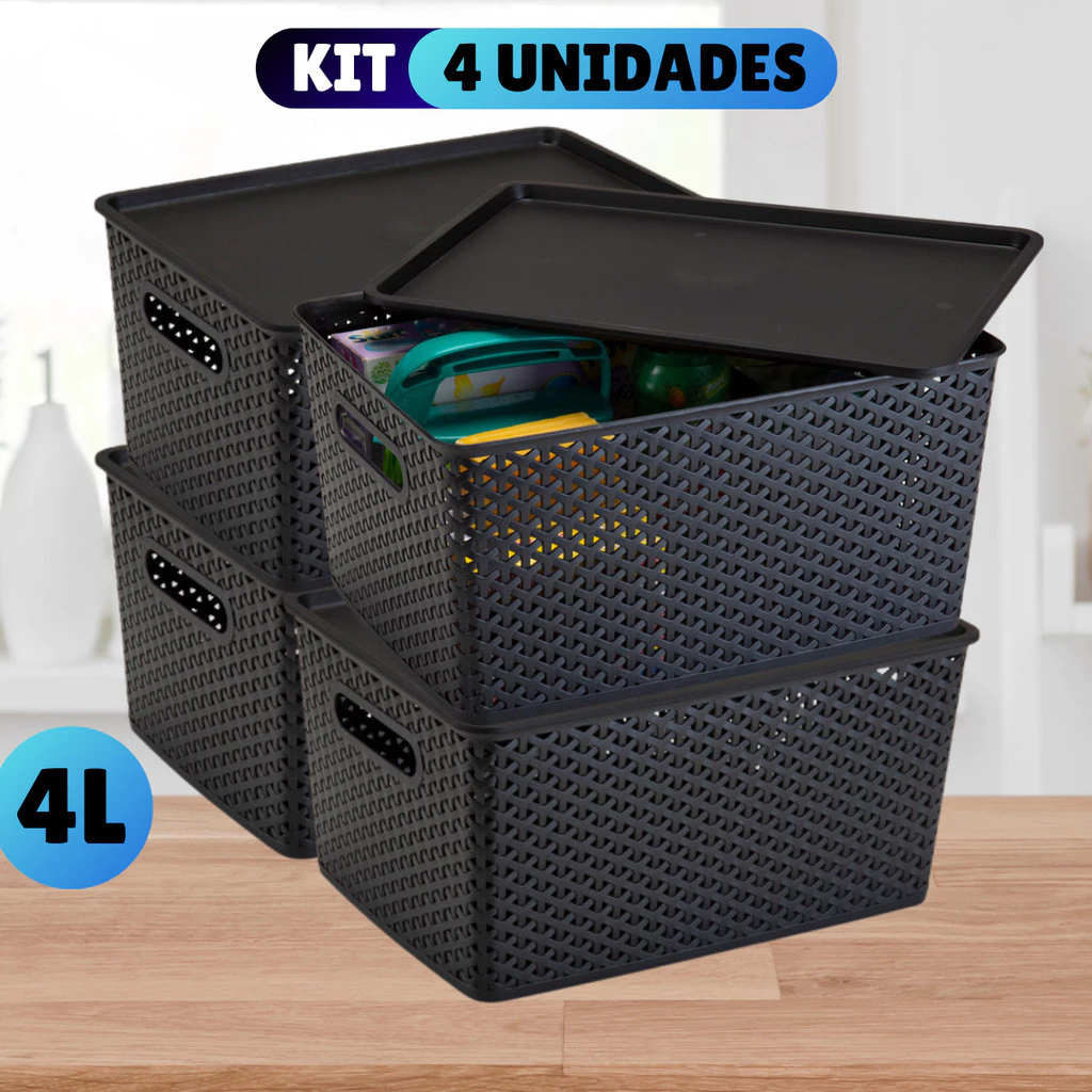 Kit Com 4 Cesto Caixa Organizadora Rattan Com Tampa  4 Litros Preto